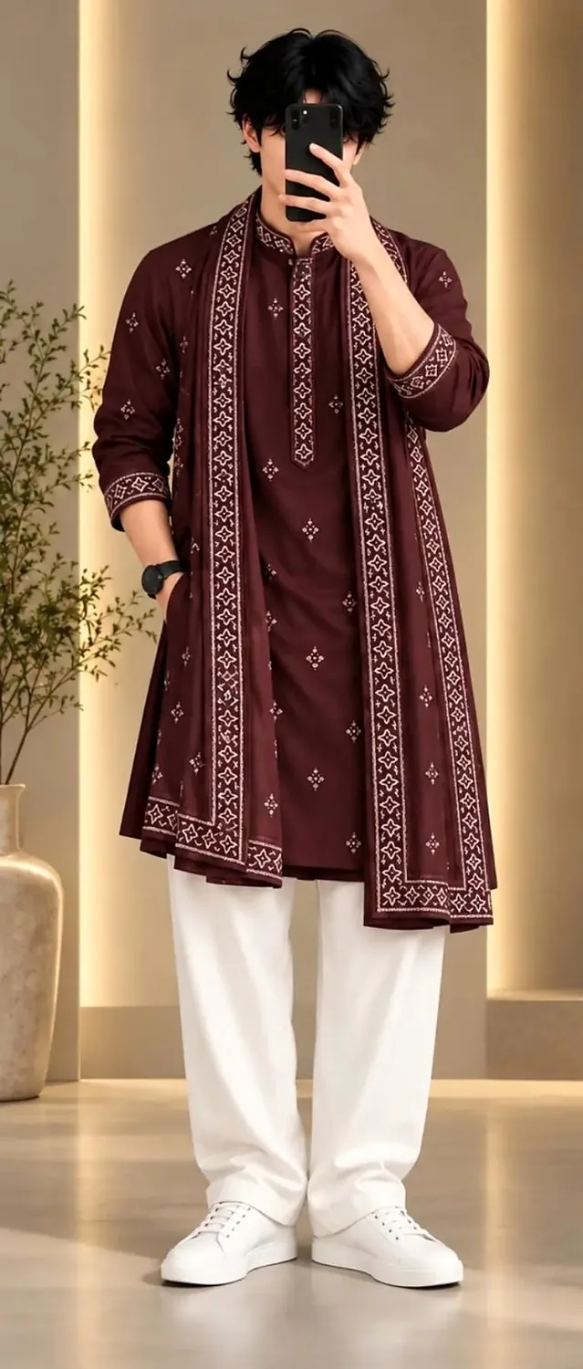 Man in a maroon kurta with white diamond embroidery, white trousers and a matching maroon bordered stole, face covered by a phone