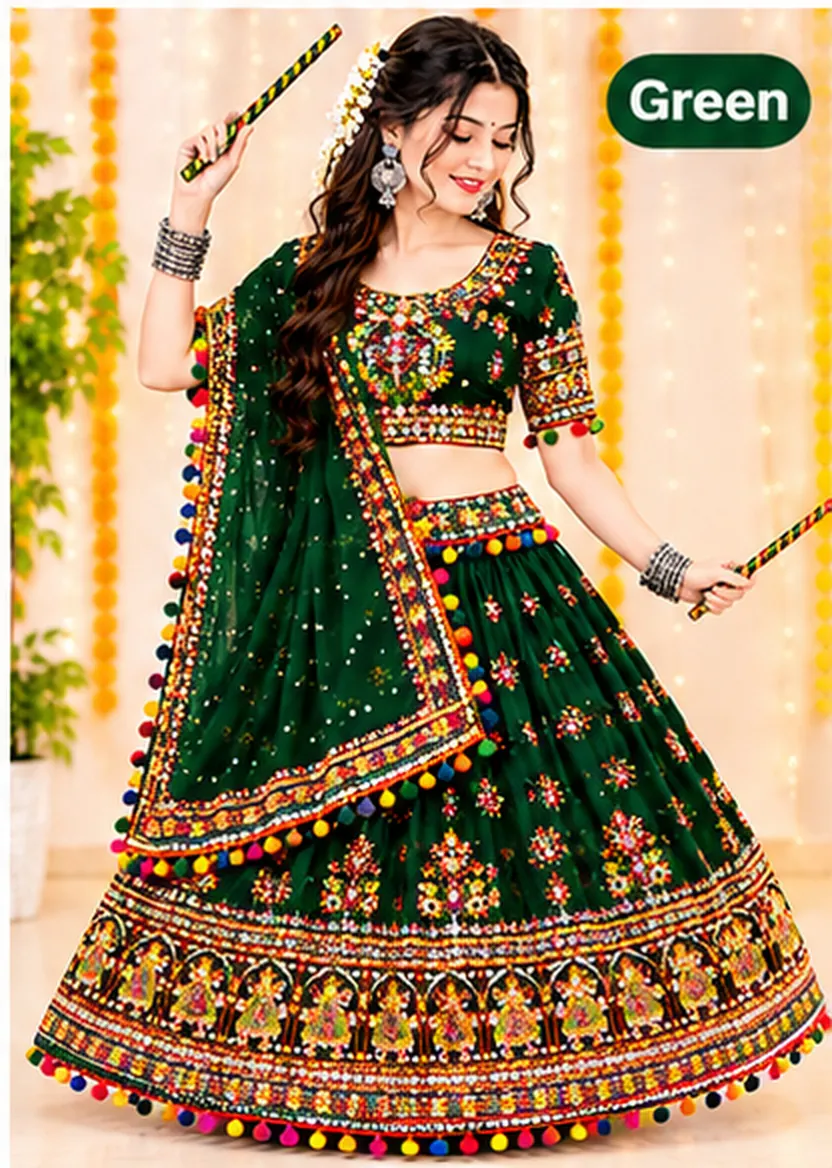 Woman dancing with dandiya sticks in a deep green chaniya choli with mirror work, pom-pom trim and a matching dupatta