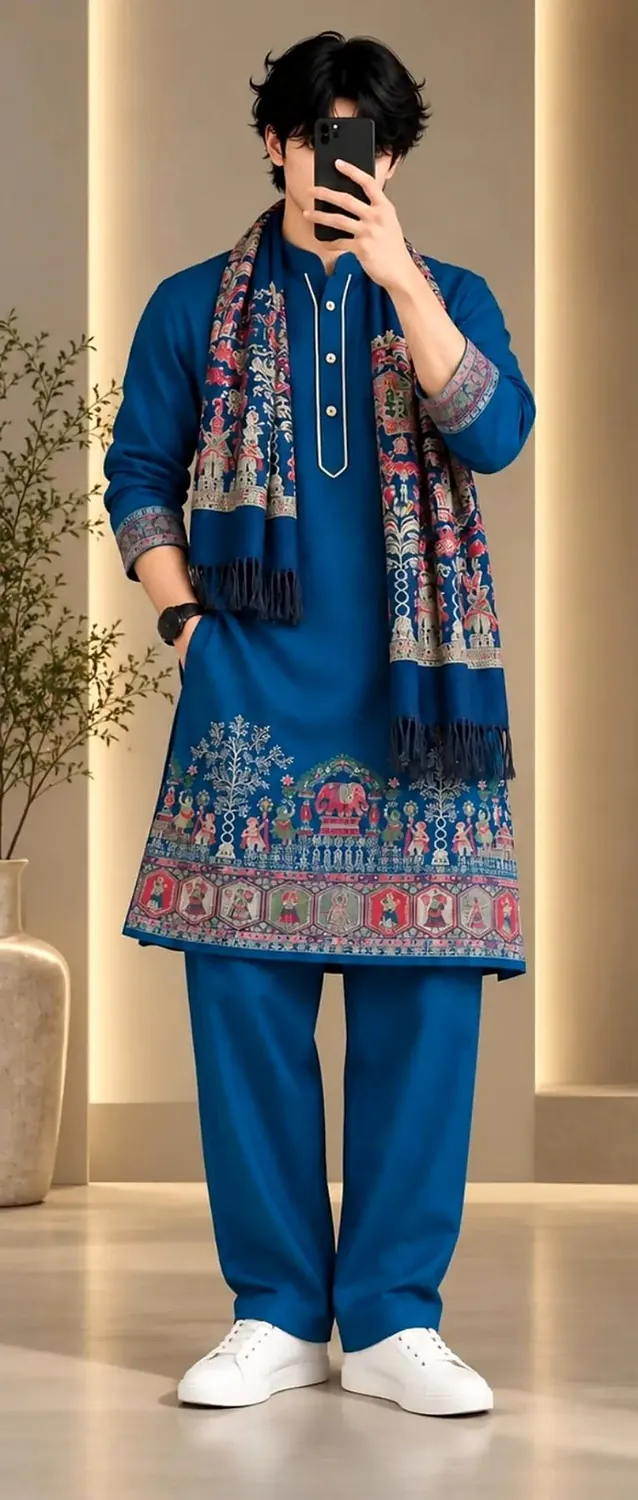 Man in a royal blue kurta with a folk-art hem, blue trousers and a fringed printed shawl, face covered by a phone