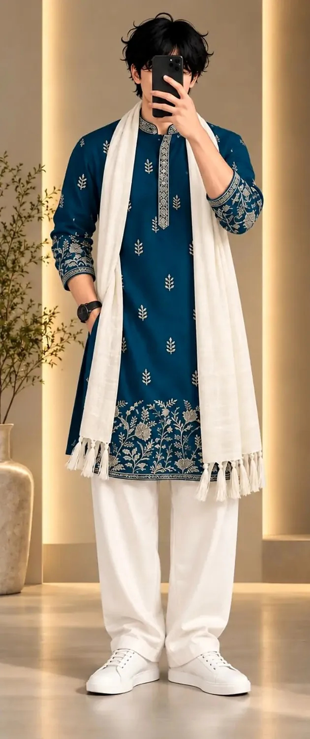 Man in a teal kurta with floral embroidery, white trousers and a white tasselled shawl, face covered by a phone