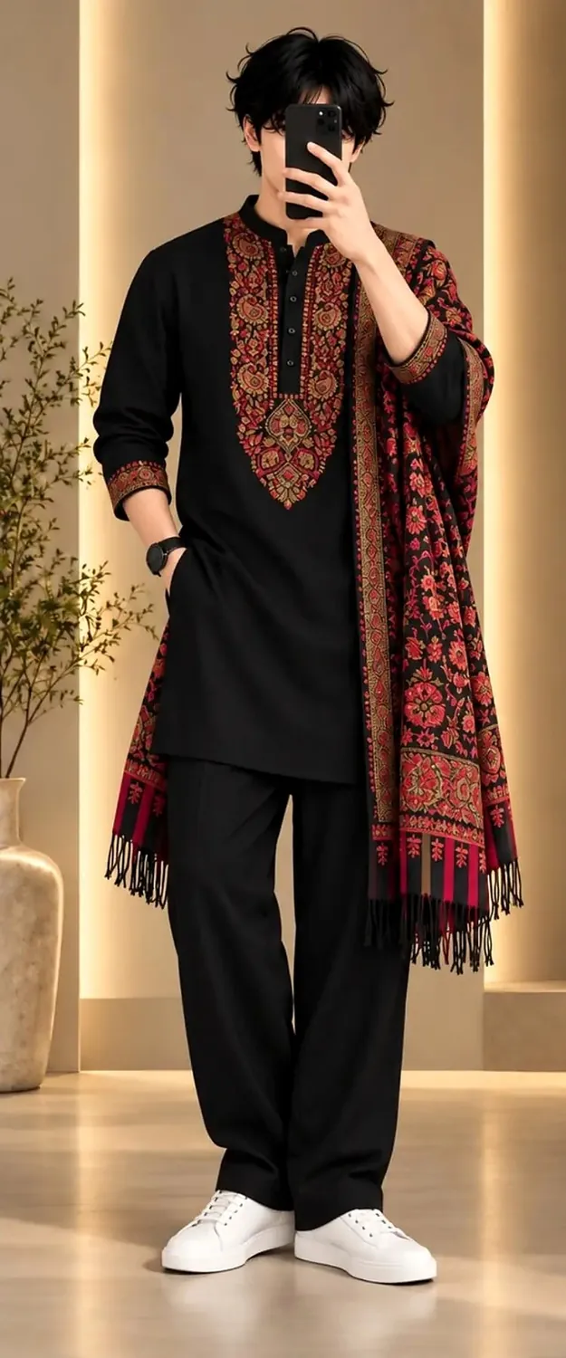 Man in a black kurta with red paisley yoke embroidery, black trousers and a red patterned shawl, face covered by a phone