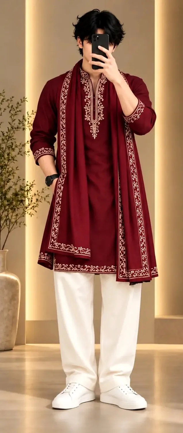 Man in a deep red kurta with cream scrollwork embroidery, white trousers and a matching bordered stole, face covered by a phone