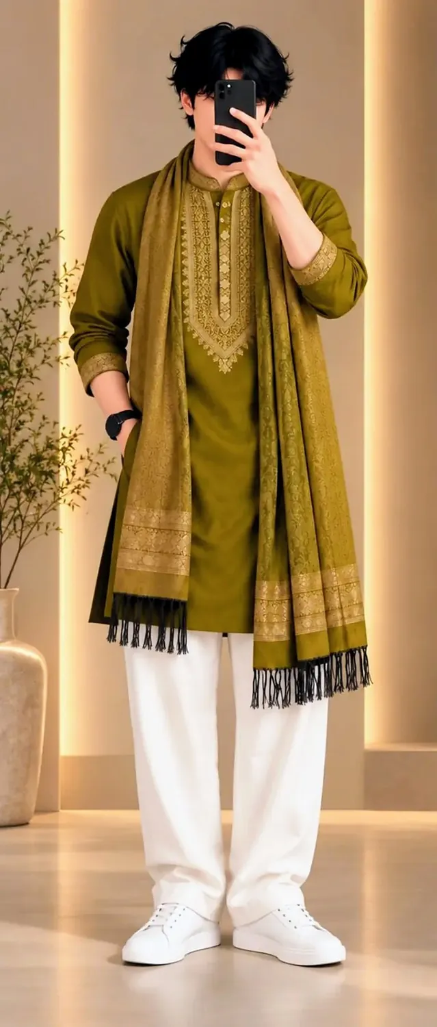 Man in an olive green kurta with gold yoke embroidery, white trousers and a gold-woven olive shawl, face covered by a phone