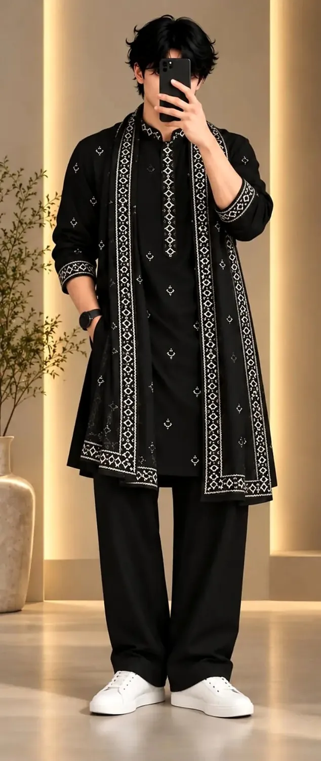 Man in a black kurta with white geometric embroidery, black trousers and a bordered black stole, face covered by a phone